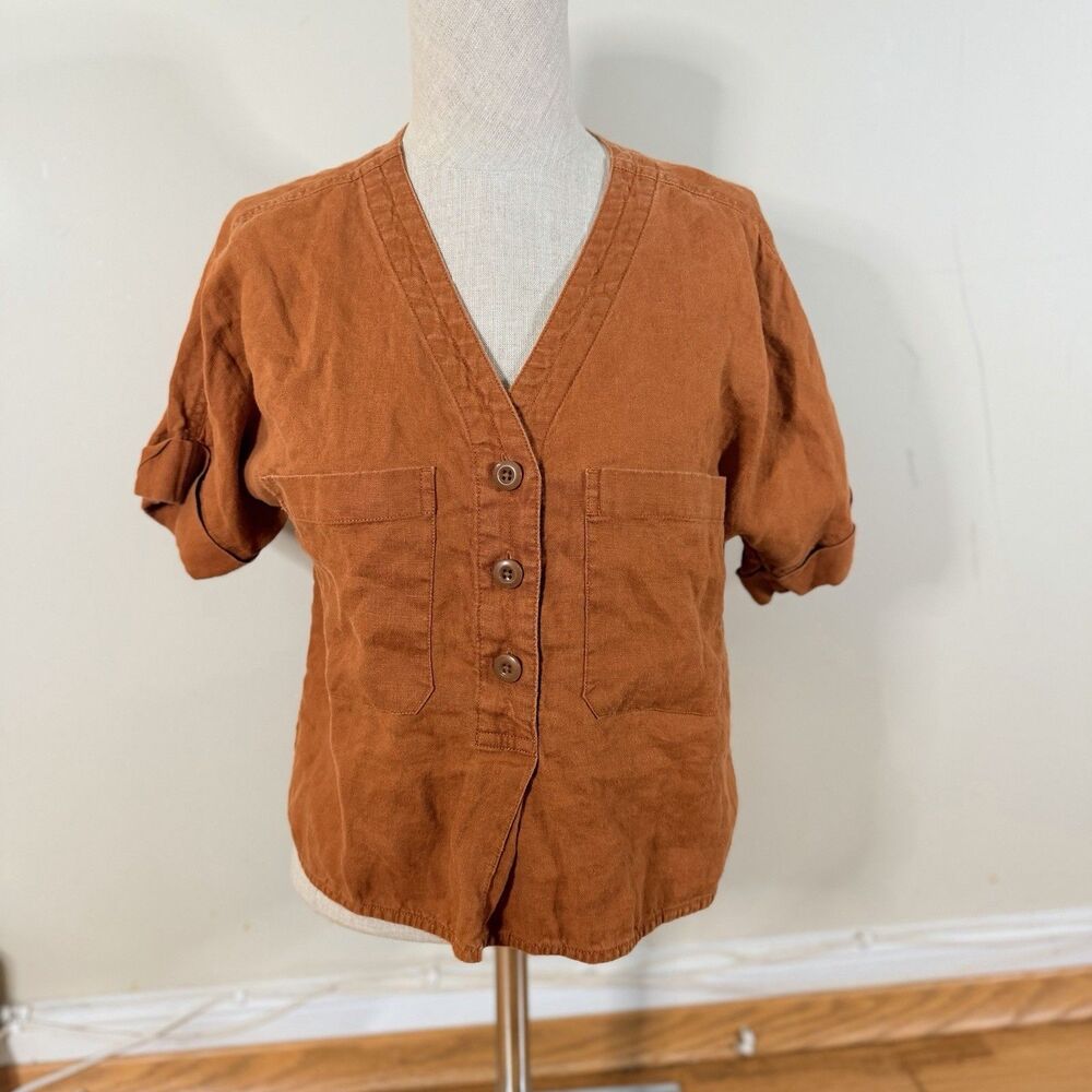 Everlane Linen Utility Shirt Honey Rust XS V-Neck Buttons Pockets Fall Autumnal